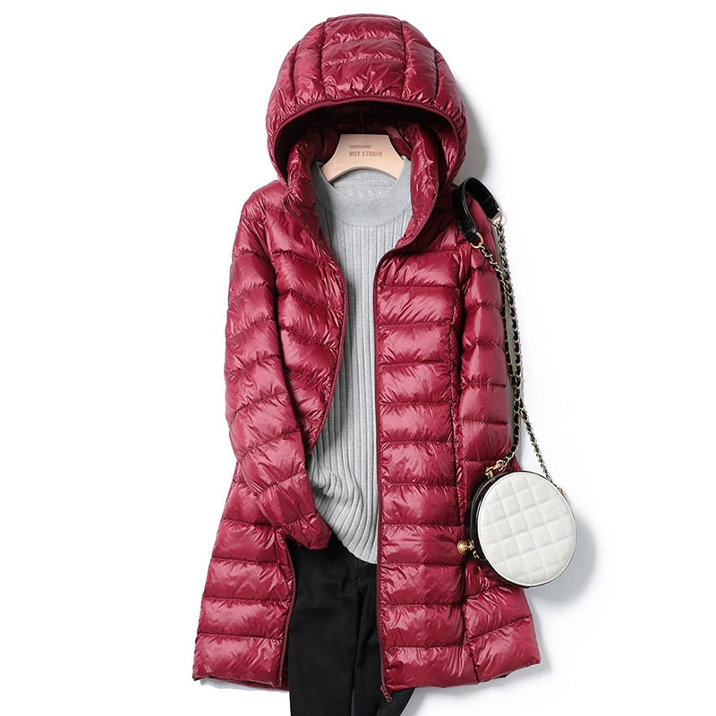 Women's Lightweight Longline Hooded Puffer Coat
