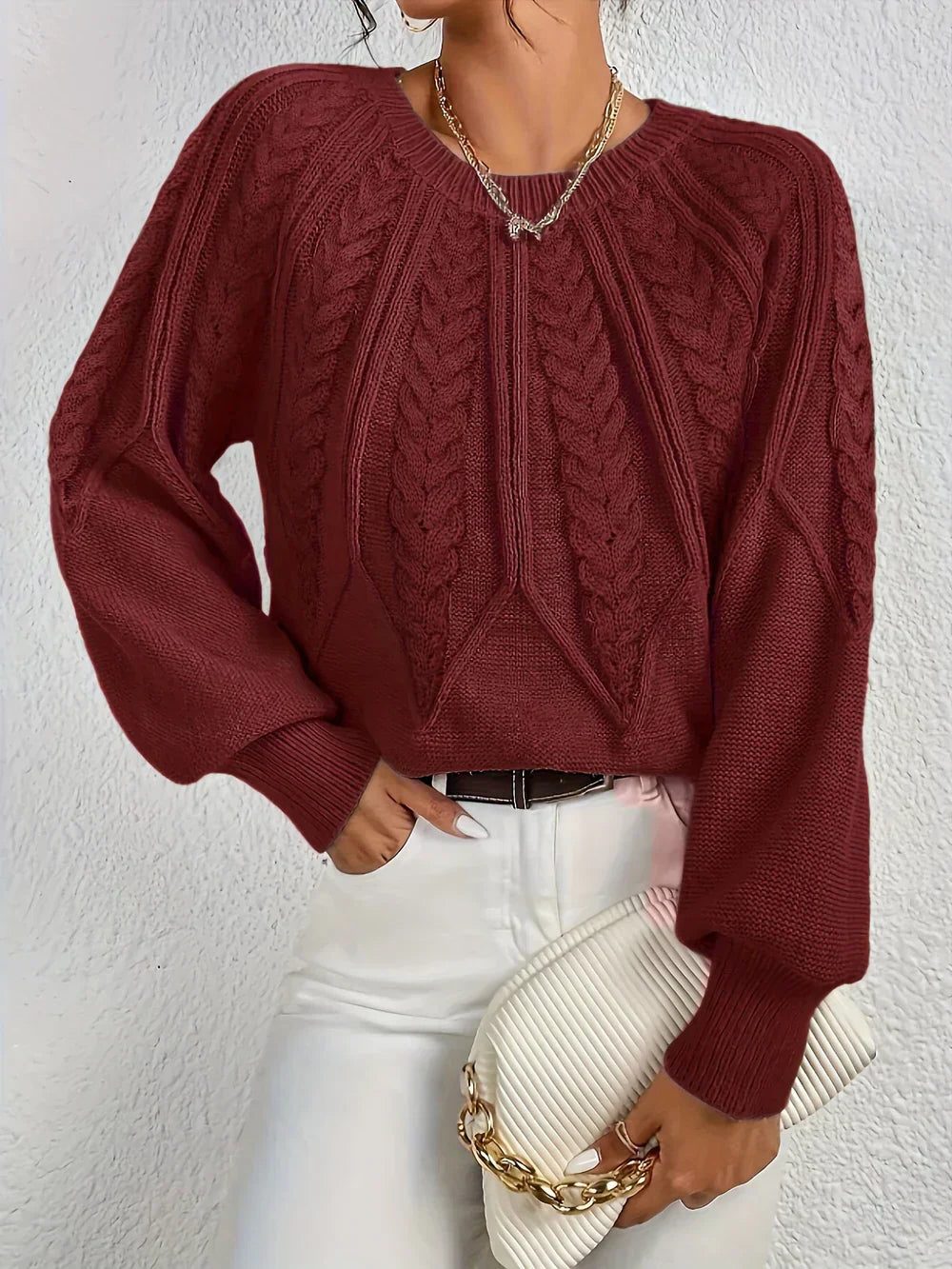 Women's Cable Knit Sweater with Crew Neck - Red