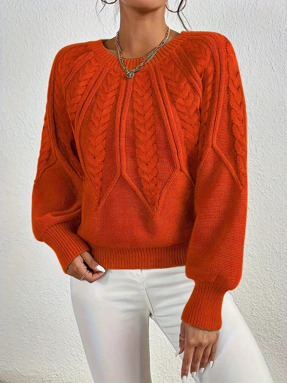 Women's Cable Knit Sweater with Crew Neck - Orange