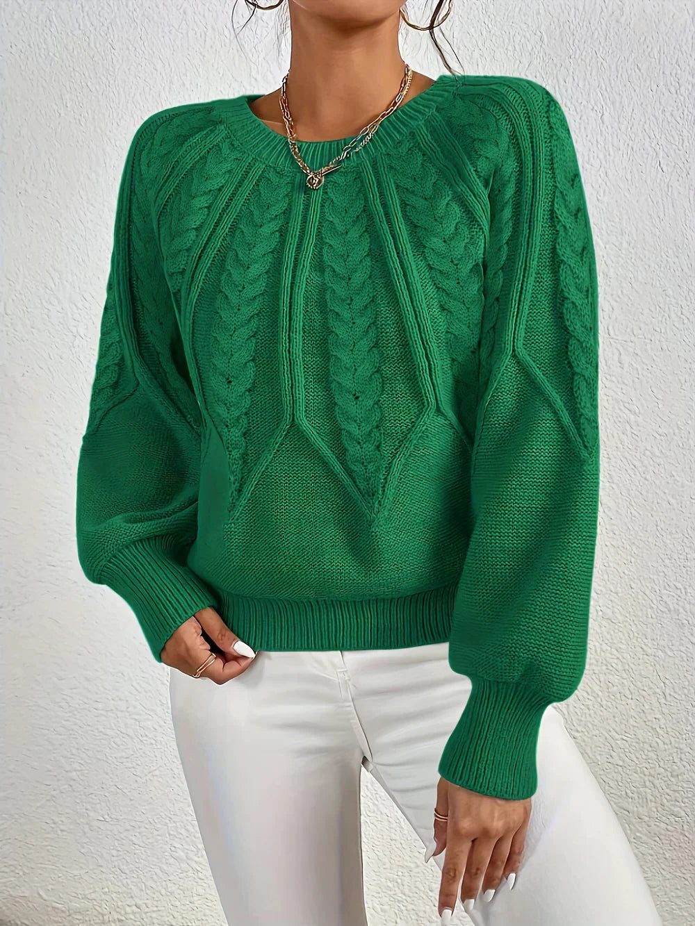 Women's Cable Knit Sweater with Crew Neck - Green