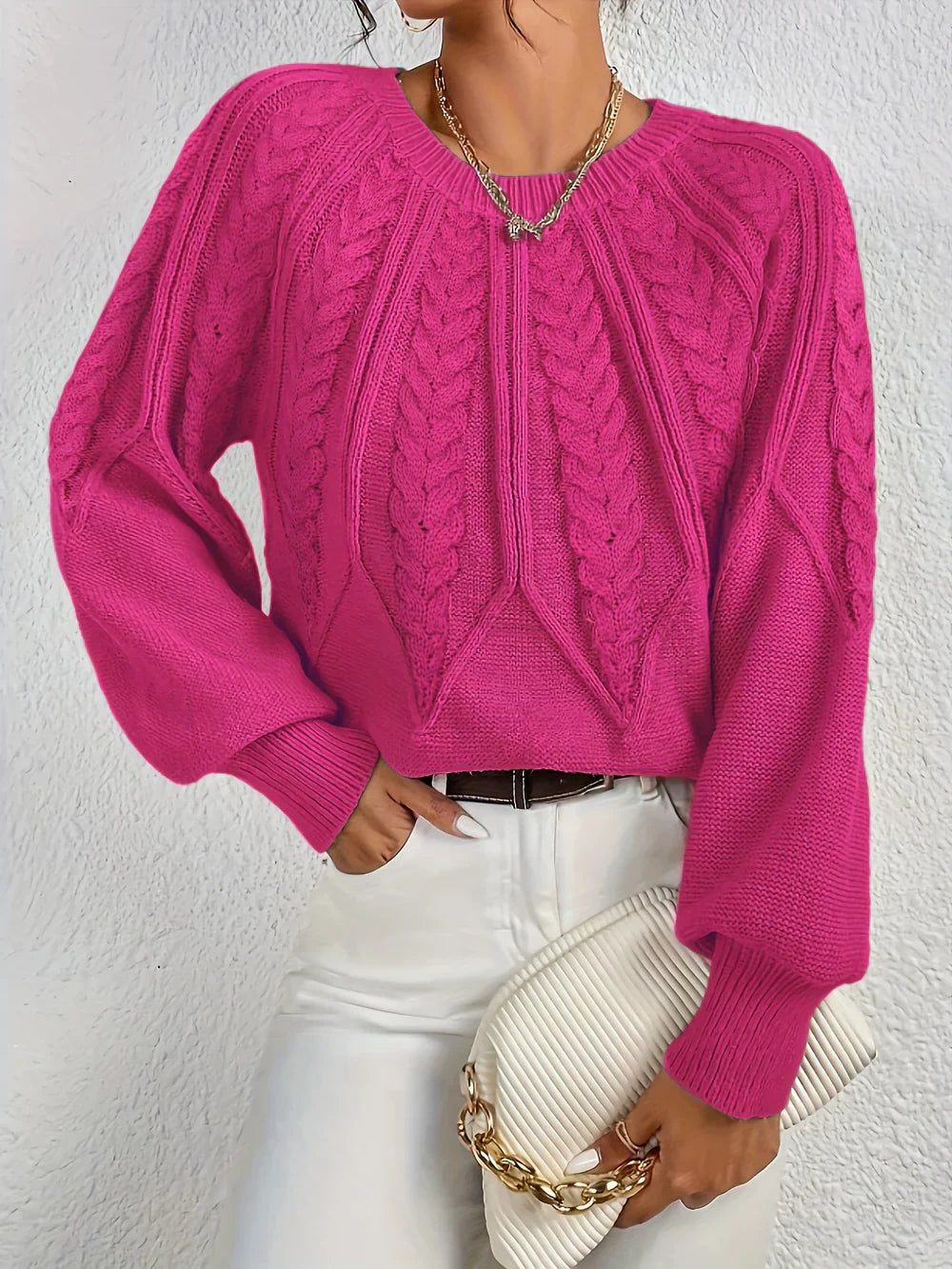 Women's Cable Knit Sweater with Crew Neck - Pink