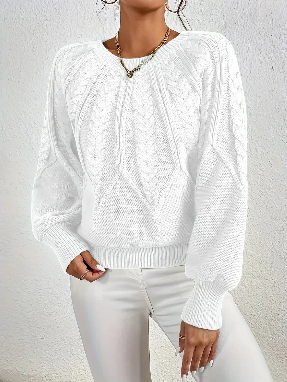 Women's Cable Knit Sweater with Crew Neck - White