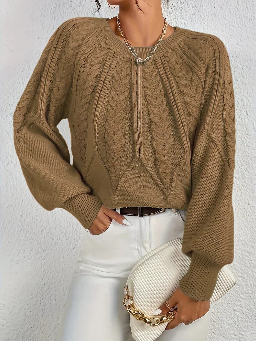 Women's Cable Knit Sweater with Crew Neck - Brown