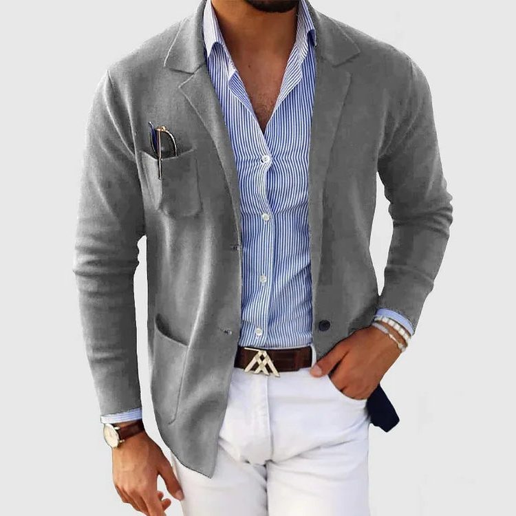 Men's Knitted Blazer Cardigan with Lapel Collar - Gray