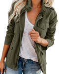 Women's Stand Collar Utility Jacket with Chest Pockets - Military Green