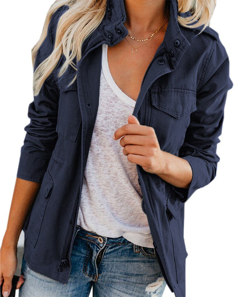 Women's Stand Collar Utility Jacket with Chest Pockets - Navy Blue
