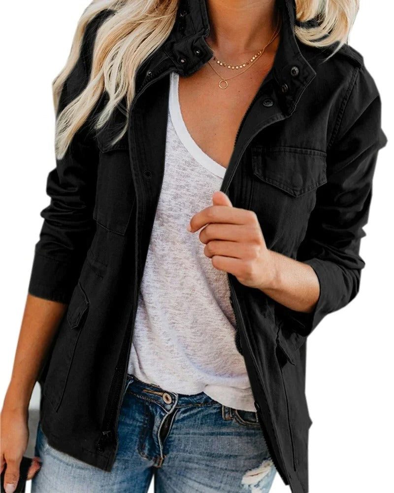 Women's Stand Collar Utility Jacket with Chest Pockets - Black