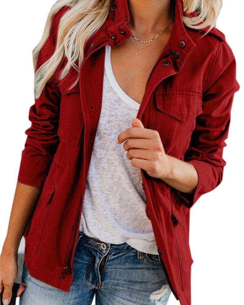 Women's Stand Collar Utility Jacket with Chest Pockets - Burgundy