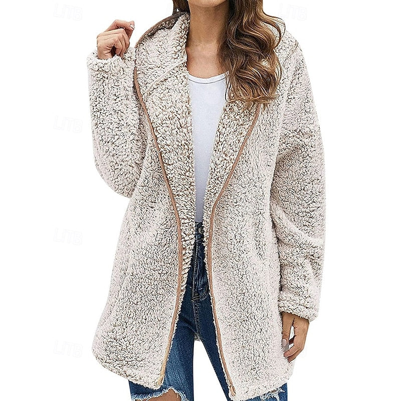 Women's Plush Hooded Zip-Up Jacket - Apricot