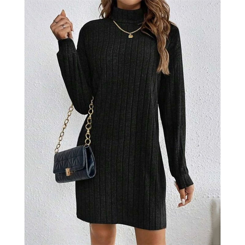 Women's Ribbed High-Neck Sweater Dress - Black