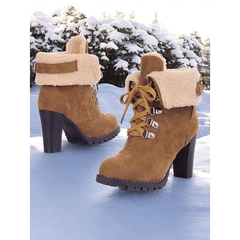 Women's Plush-Lined Lace-Up Winter Boots with Chunky Heel - Dark Brown