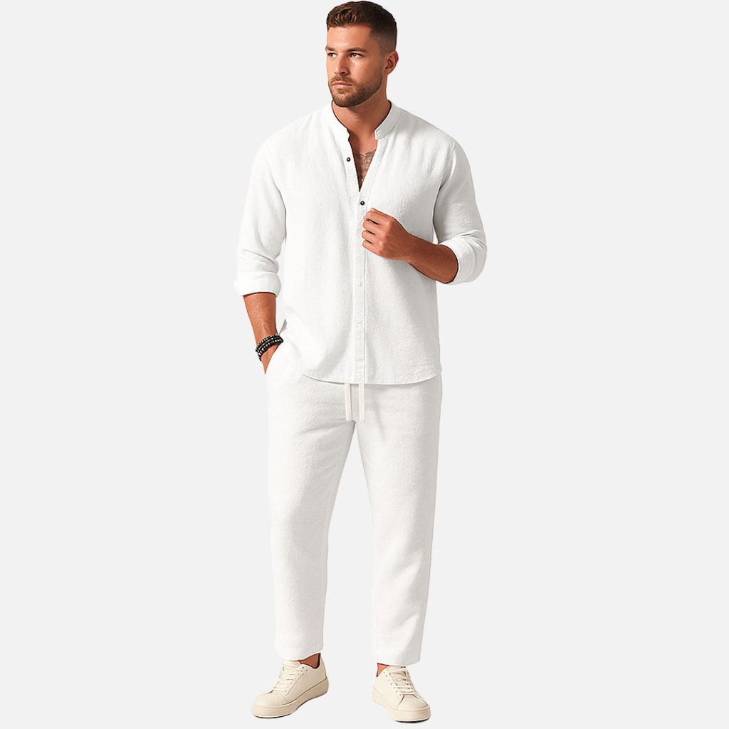 Men's Band Collar Shirt and Trousers Set