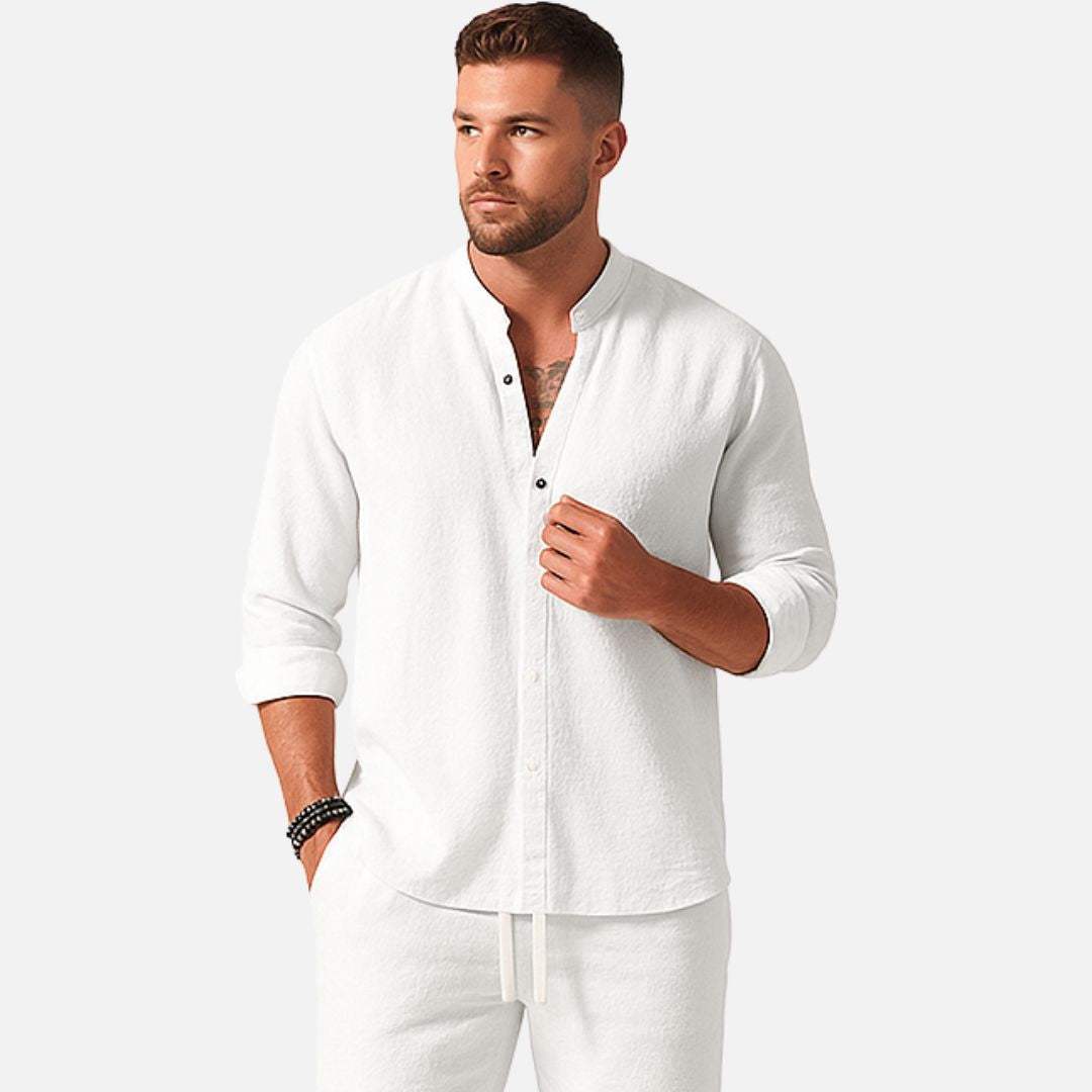 Men's Band Collar Shirt and Trousers Set