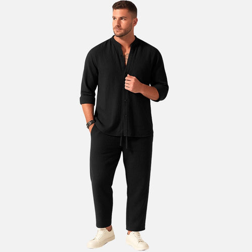 Men's Band Collar Shirt and Trousers Set - Black