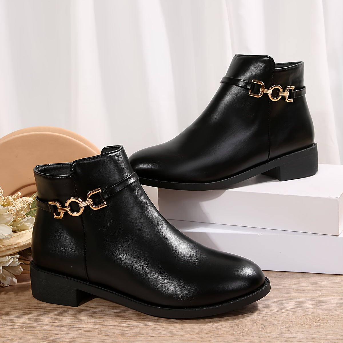 Women's Black Ankle Boots with Gold Chain Detail