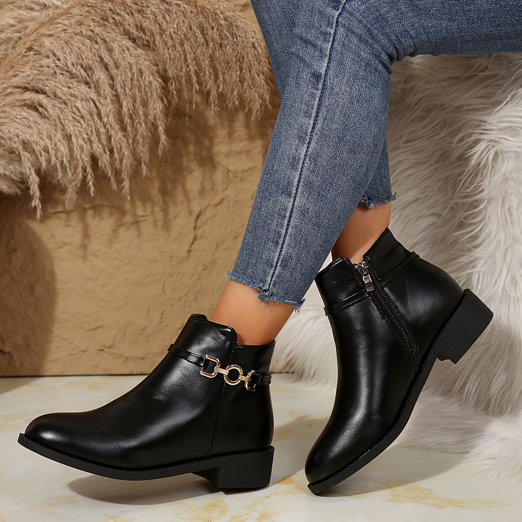Women's Black Ankle Boots with Gold Chain Detail