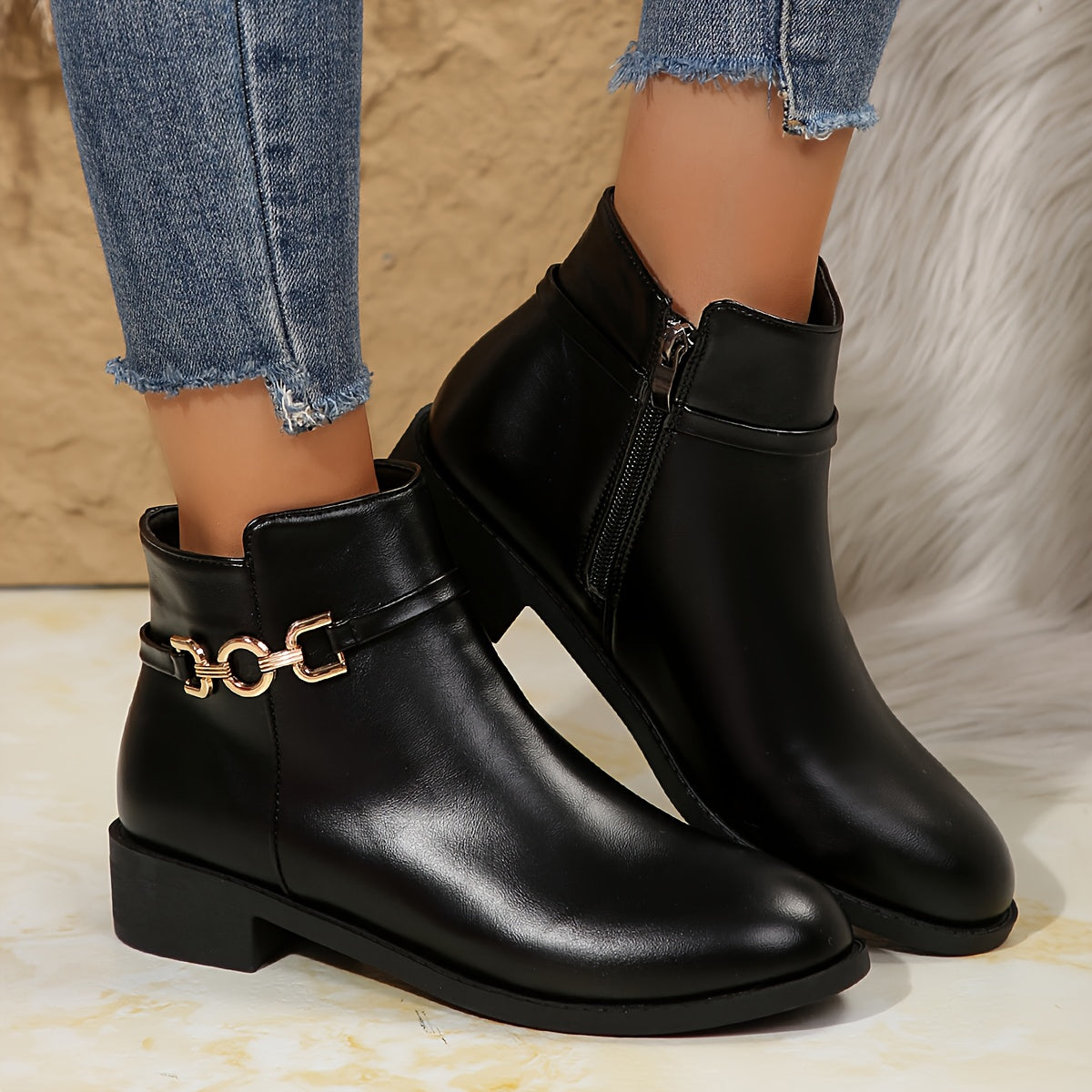 Women's Black Ankle Boots with Gold Chain Detail