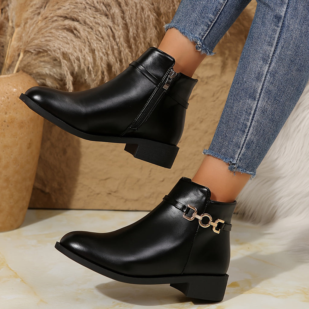 Women's Black Ankle Boots with Gold Chain Detail