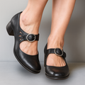Women's Smooth Leather Ankle Strap Mary Jane Pumps - Black