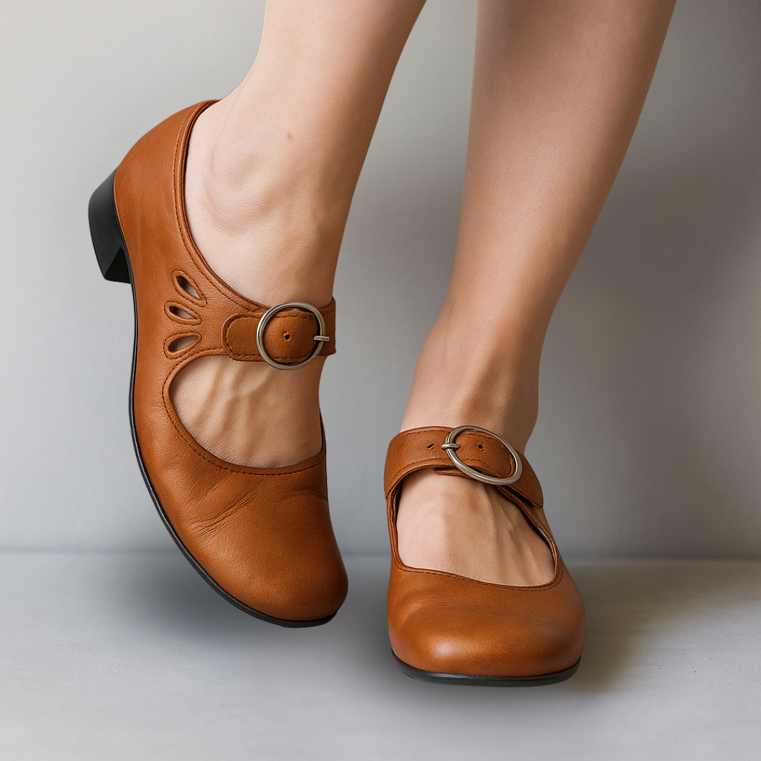 Women's Smooth Leather Ankle Strap Mary Jane Pumps - Brown