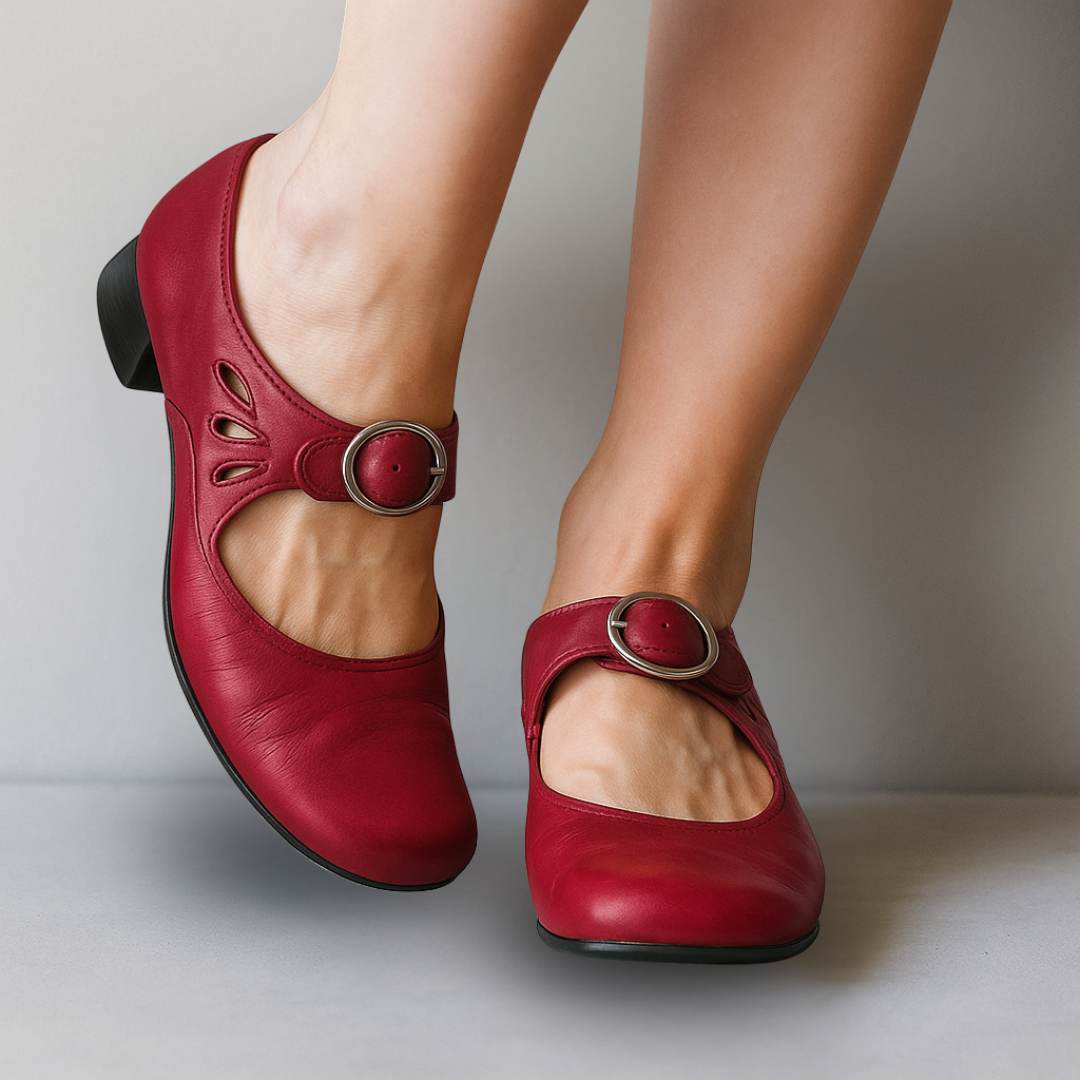 Women's Smooth Leather Ankle Strap Mary Jane Pumps - Red