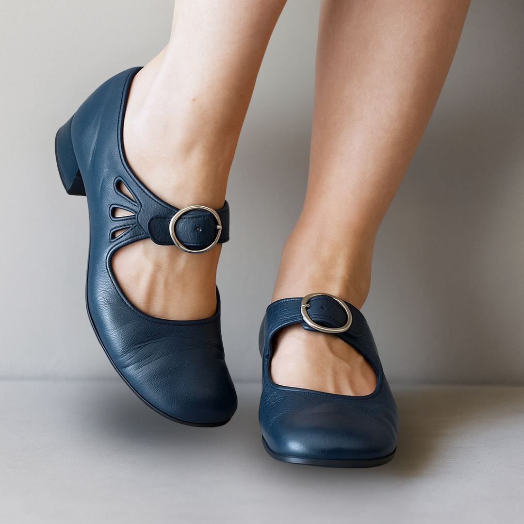 Women's Smooth Leather Ankle Strap Mary Jane Pumps - Blue