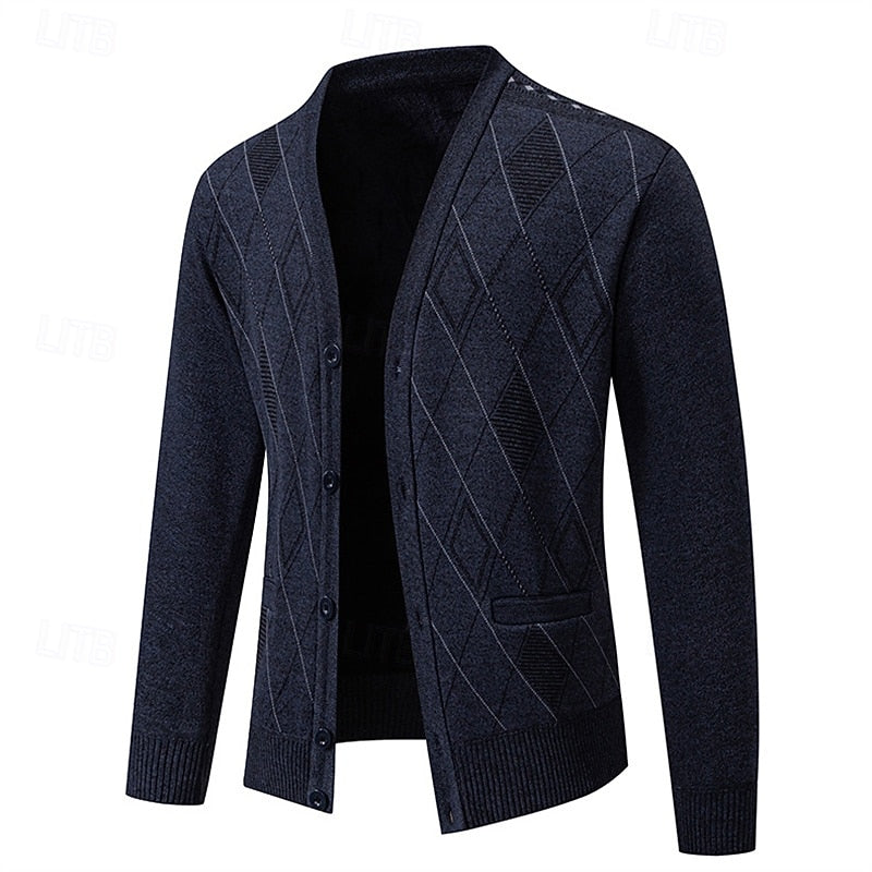 Men's Argyle V-Neck Button Cardigan with Side Pockets