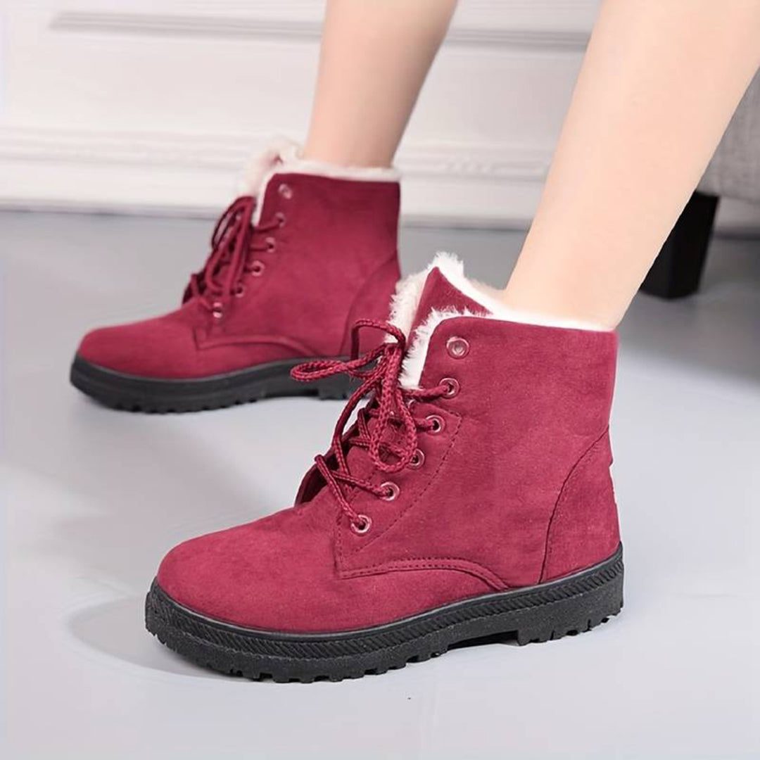Women's Fleece-Lined Lace-Up Ankle Boots with Grip Sole - Burgundy