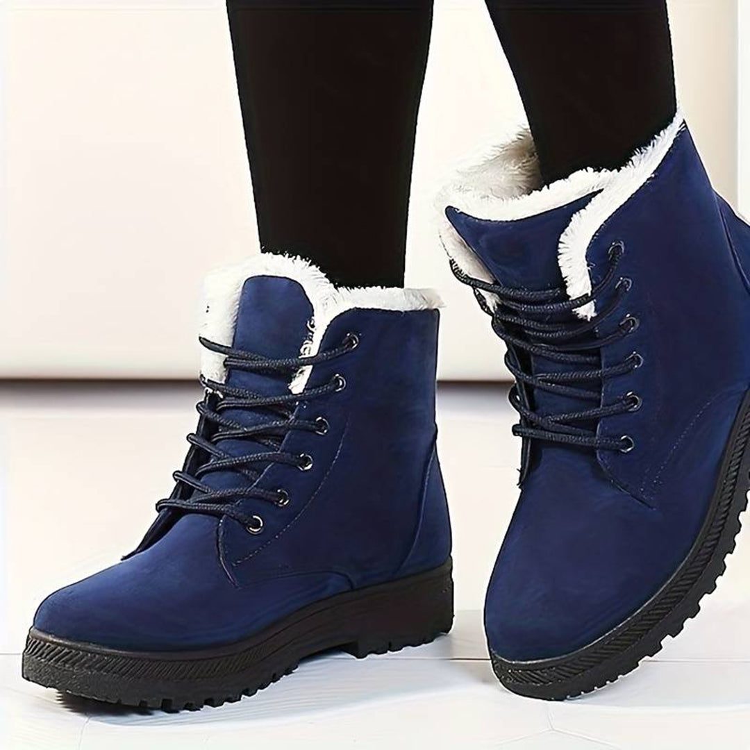 Women's Fleece-Lined Lace-Up Ankle Boots with Grip Sole - Blue