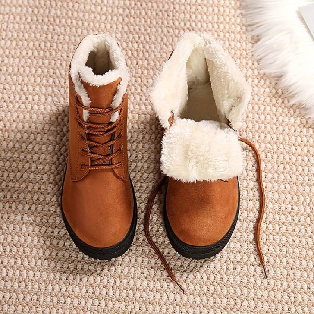 Women's Fleece-Lined Lace-Up Ankle Boots with Grip Sole - Light Brown