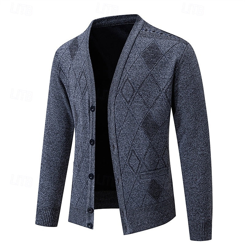 Men's Argyle V-Neck Button Cardigan with Side Pockets