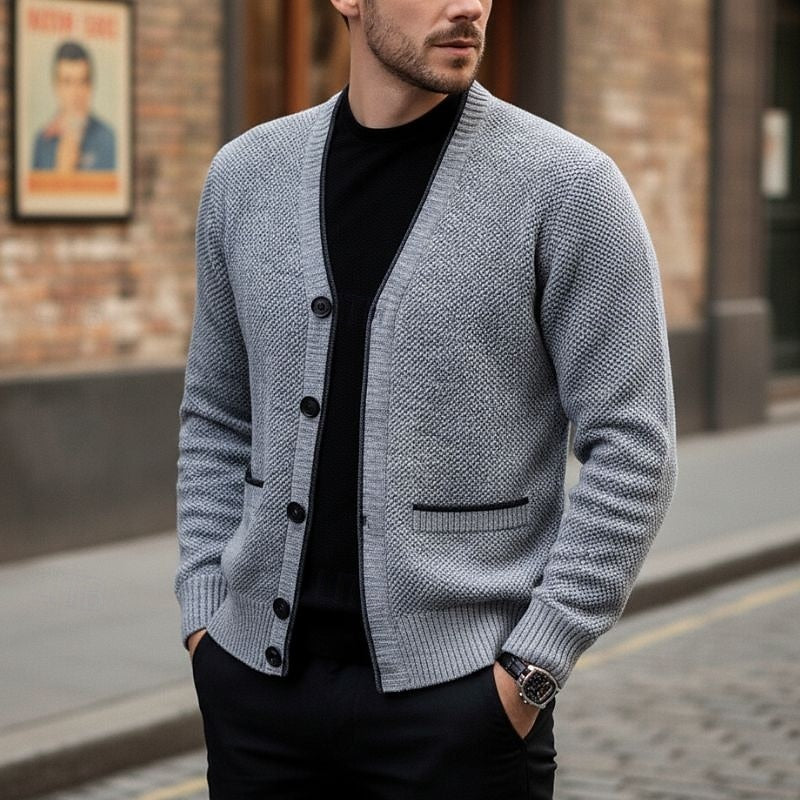 Men's Lined V-Neck Button-Front Cardigan with Pockets