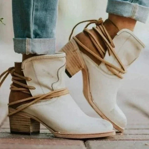 Women's Western Lace-Up Block Heel Ankle Boots - Beige