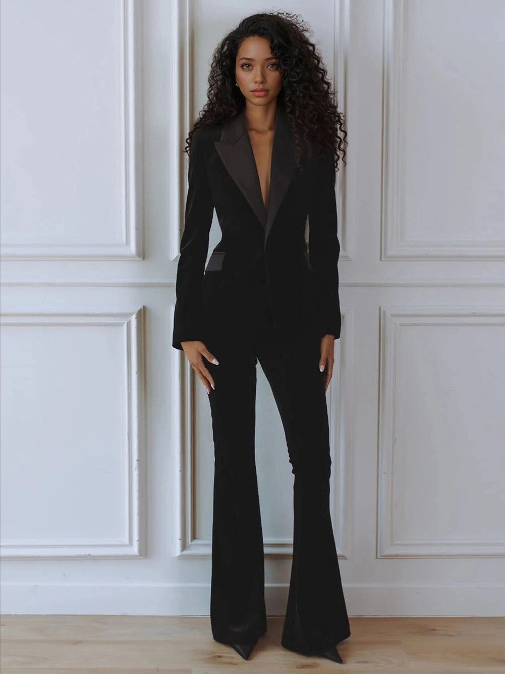 Women's Velvet Blazer Flare Pants Set