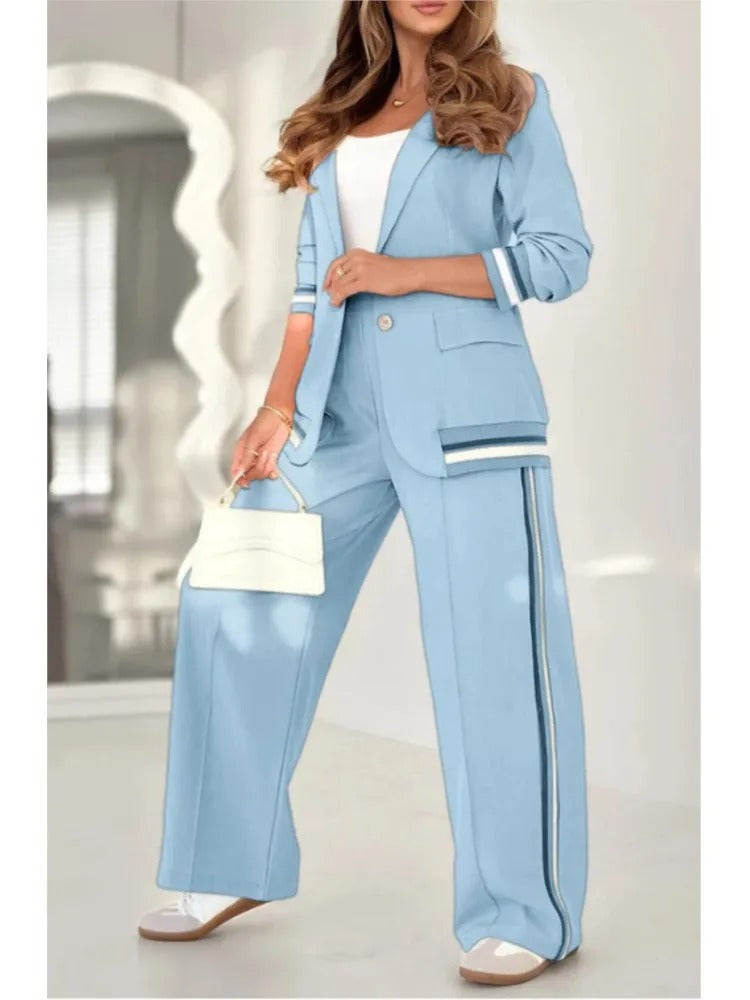 Women's Stripe Trim Wide Leg Blazer Set