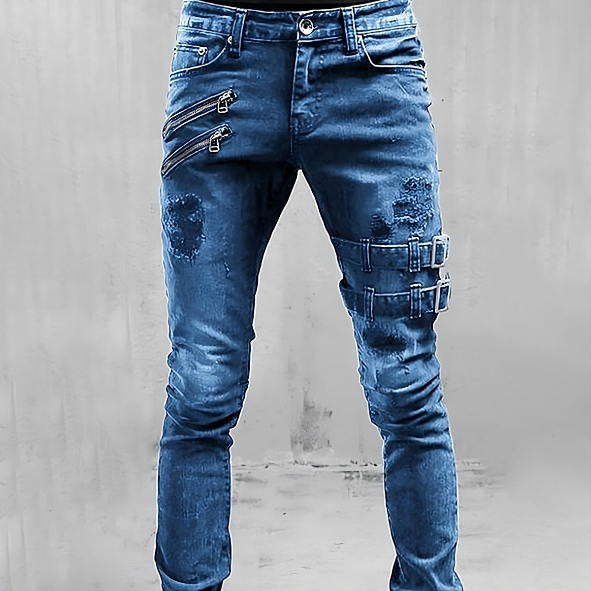Men's Slim Fit Distressed Stretch Denim Utility Jeans - Blue