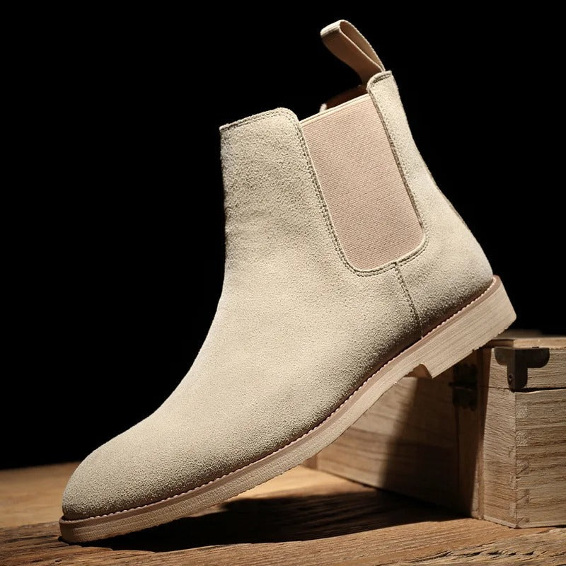 Men's Suede Chelsea Boots with Elastic Side Panels - Beige