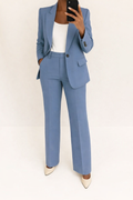 Women's Single-Breasted Blazer and Wide-Leg Pants Suit Set - Blue