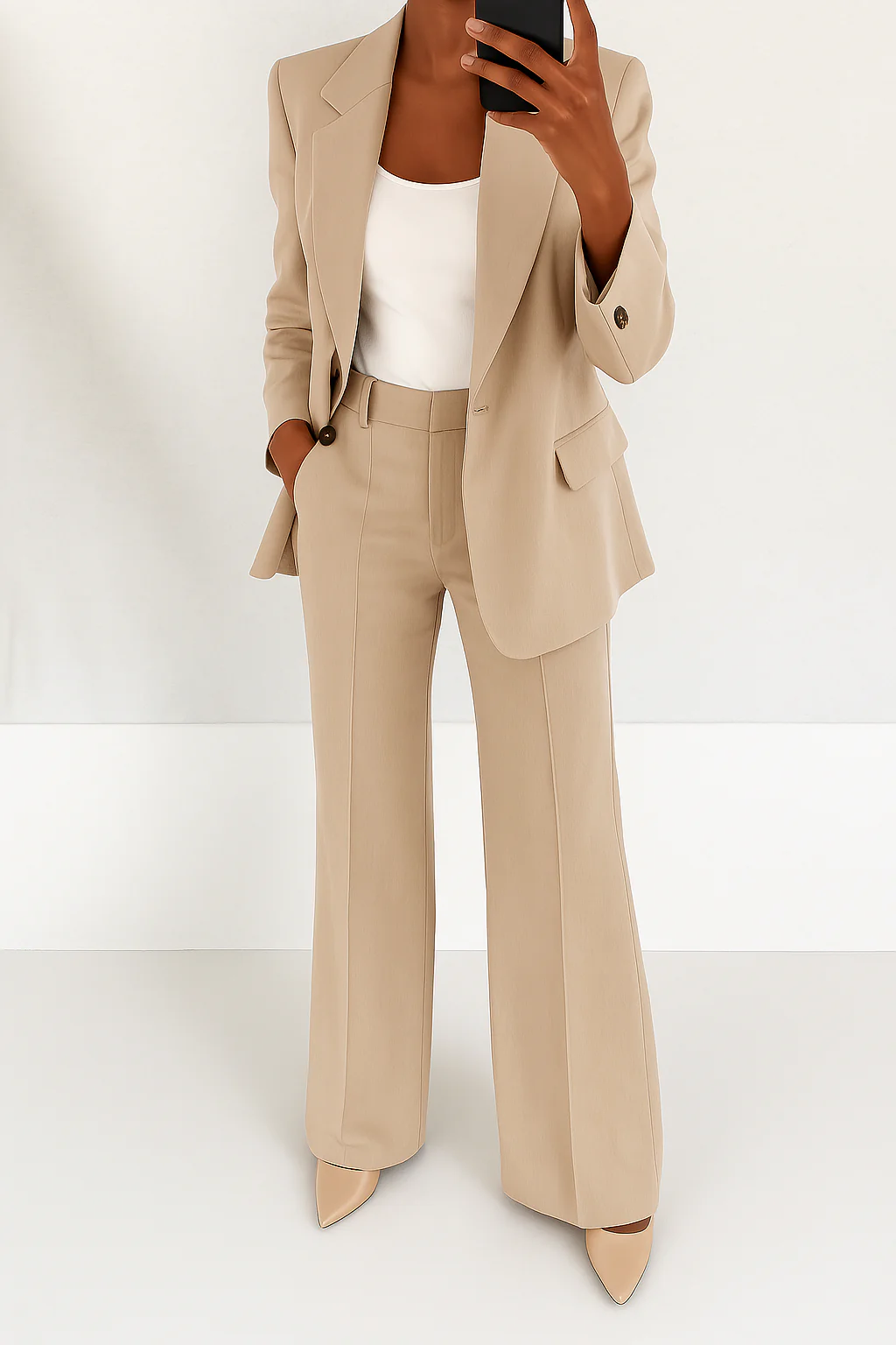 Women's Wide Leg Blazer Suit Set - Beige