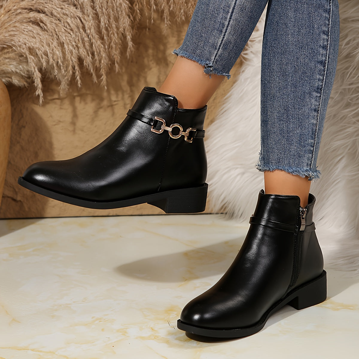 Women's Chelsea Ankle Boots with Gold Chain Detail