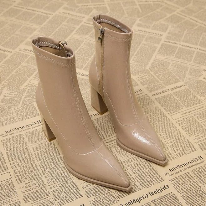 Women's Fitted Pointed Toe Winter Ankle Boots with Block Heel - Apricot