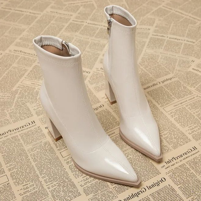 Women's Fitted Pointed Toe Winter Ankle Boots with Block Heel - White