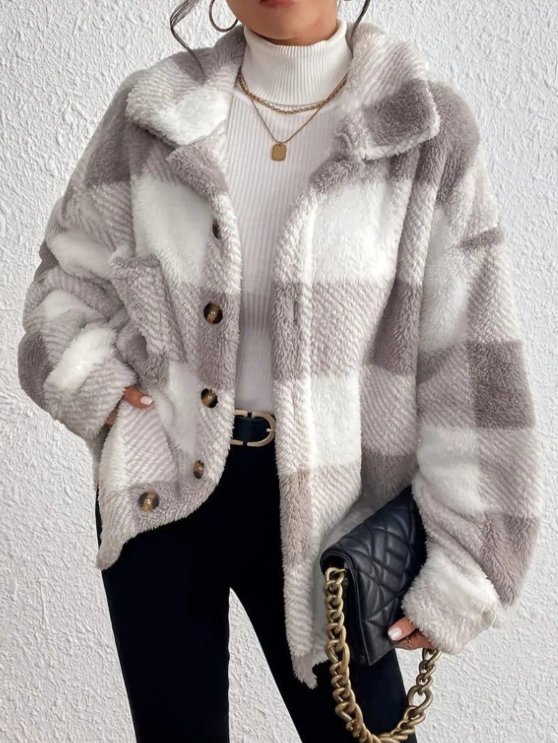 Women's Plaid Oversized Button-Up Fluffy Jacket