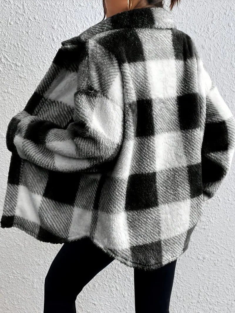 Women's Plaid Oversized Button-Up Fluffy Jacket