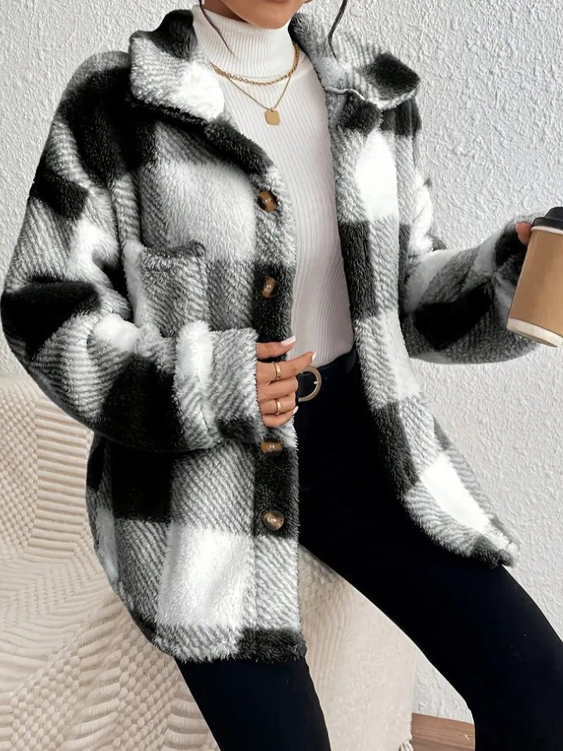 Women's Plaid Oversized Button-Up Fluffy Jacket