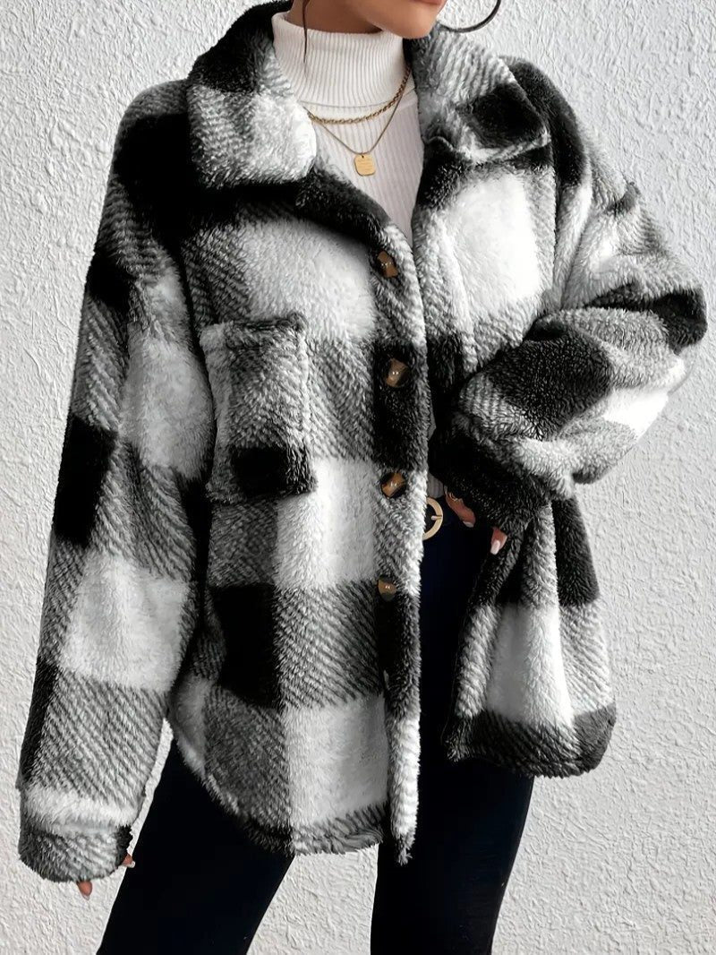 Women's Plaid Oversized Button-Up Fluffy Jacket