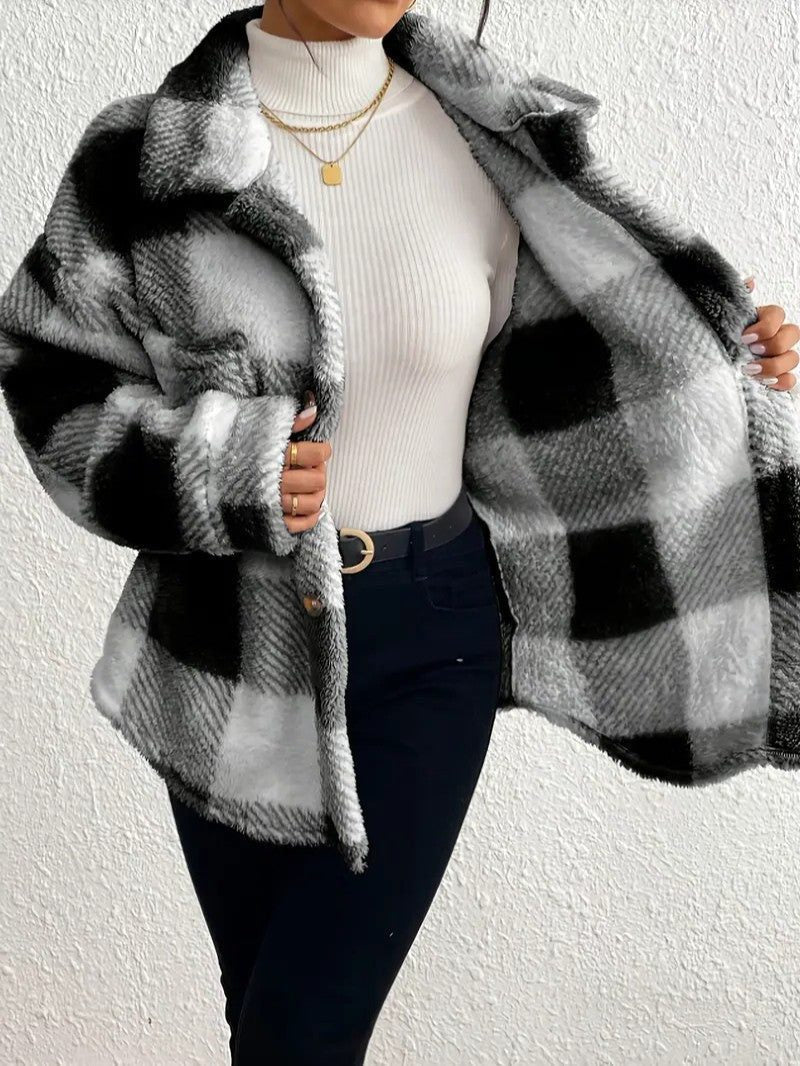 Women's Plaid Oversized Button-Up Fluffy Jacket
