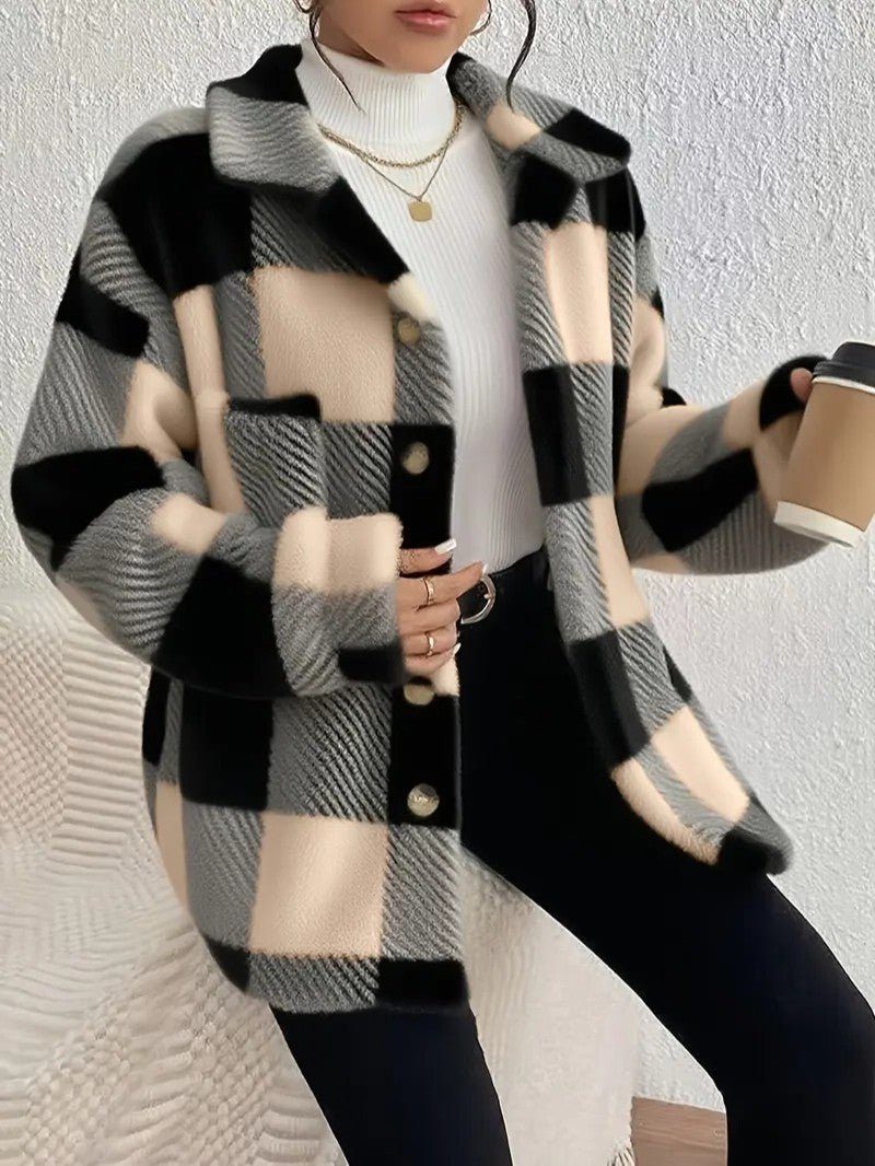 Women's Plaid Oversized Button-Up Fluffy Jacket