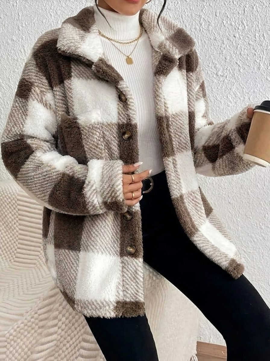Women's Plaid Oversized Button-Up Fluffy Jacket