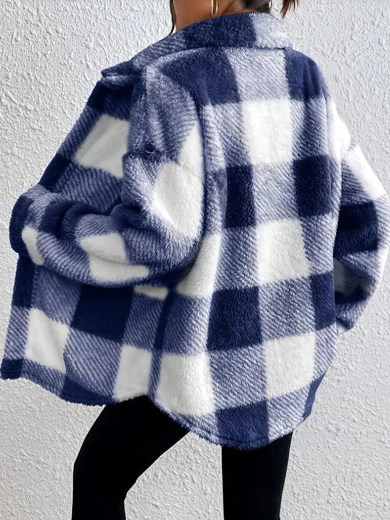 Women's Plaid Oversized Button-Up Fluffy Jacket